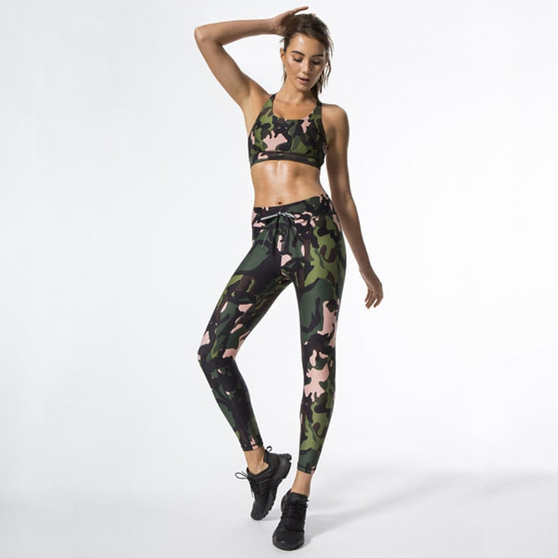 new camouflage printed sportswear yoga fitness bra (top)+ pants set
