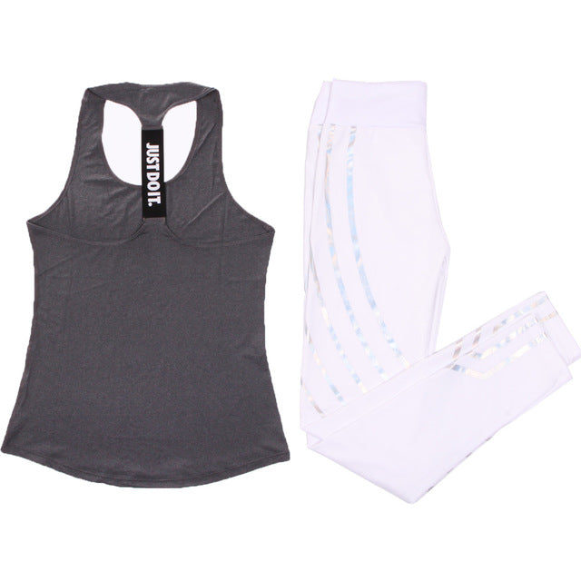Women Yoga Set Sports Top Vest +Reflective Leggings